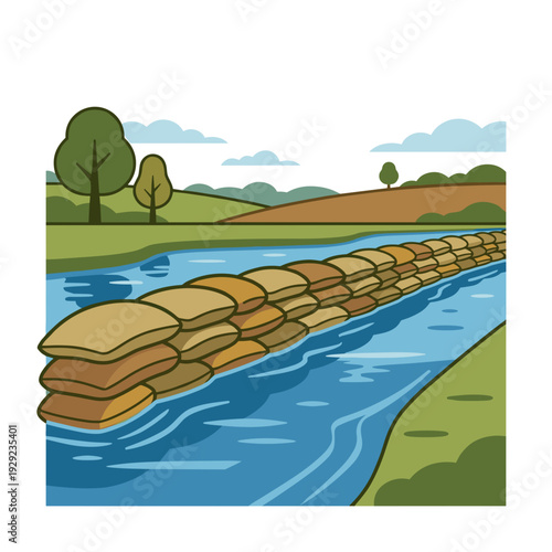 Sandbag barrier wall protecting rural road from rising flood water disaster prevention concept