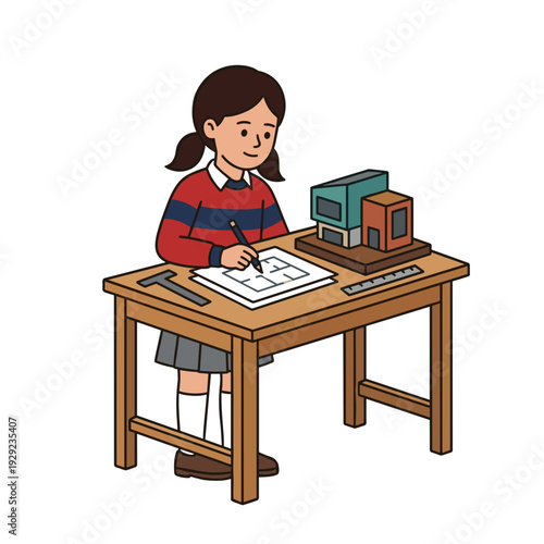 Young student sketching architectural house model blueprint at desk design education concept