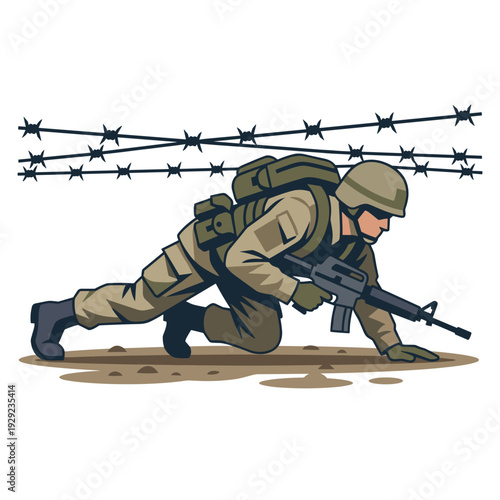 Soldier crawling under barbed wire during military training exercise concept