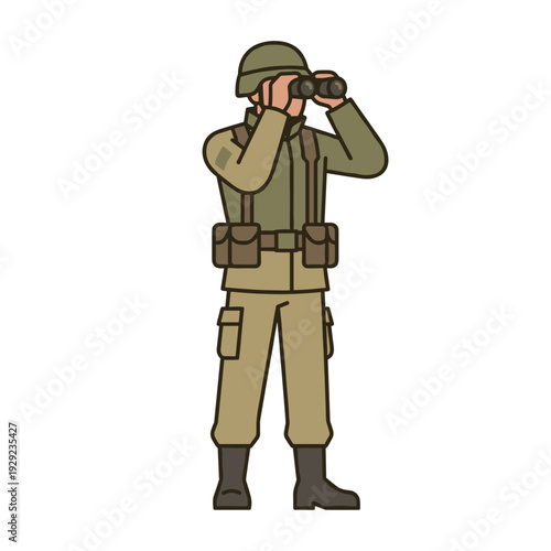 Army soldier on lookout using binoculars surveillance and reconnaissance concept