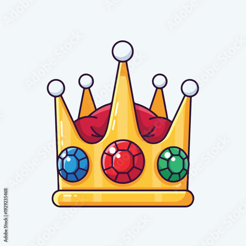 A regal cartoon crown, yellow with gems and a red cushion base