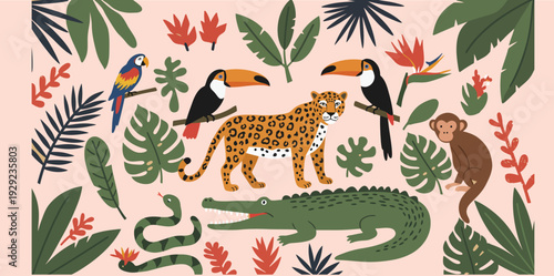 Jungle scene with exotic animals and lush greenery in a colorful illustration