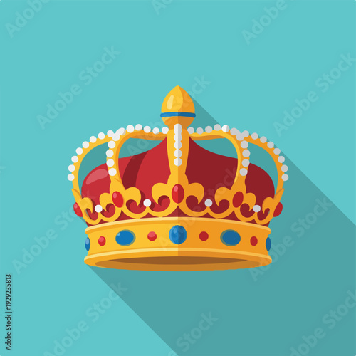 A regal crown illustration with jewels, pearls, and gold details on a cyan backdrop