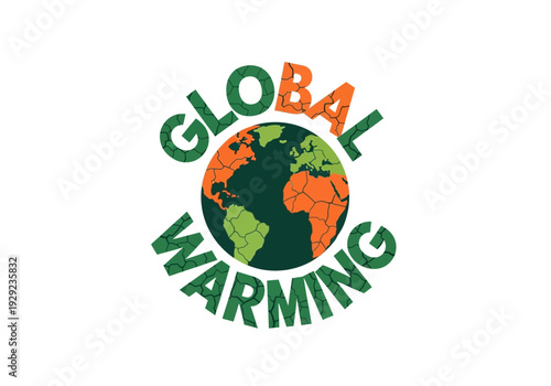 Conceptual illustration of global warming's impact on Earth, featuring cracked text symbolizing environmental damage and climate crisis.