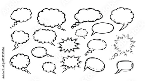 Blank Canvas: A collection of various comic book speech bubbles or thought bubbles, offering ample space for personalized messages, representing communication, thoughts, and ideas.