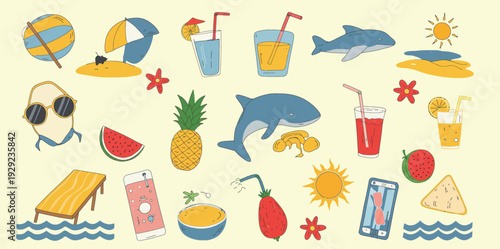 Colorful summer vacation icons with beach and pool items and tropical fruit