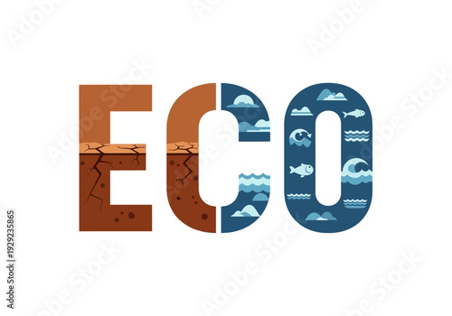 Conceptual illustration depicting the contrast between arid cracked earth and vibrant aquatic life within the word ECO, highlighting environmental balance.