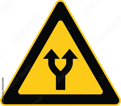 Yellow Triangular Road Split Warning Sign with Dual Arrow Symbol