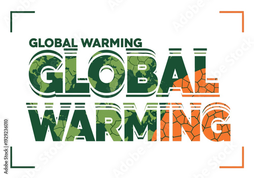 Graphic illustration depicting global warming; Earth's landmasses shift from green to cracked, arid terrain, symbolizing climate urgency.