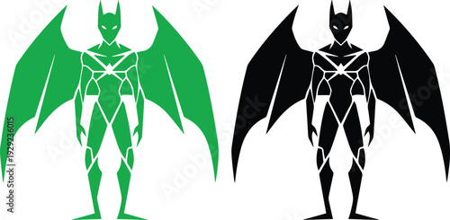 Green and black superhero wings vector illustration, dynamic hero emblem flat design, scalable art for logos and prints