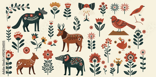 Vibrant folk art animals and flowers on cream background