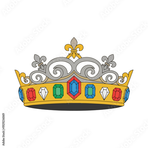 A regal crown with colored jewels and ornate design elements