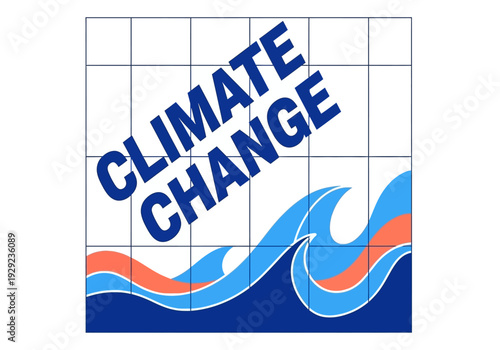 Conceptual illustration representing global climate change impact on oceans, featuring stylized waves and bold text for environmental awareness