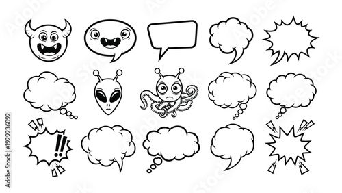 Comic Elements and Expressions: A set of comic-style speech bubbles and quirky character illustrations, perfect for adding a touch of humor and visual flair to any project.