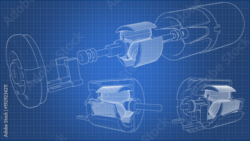 DC Electric Motor Exploded View and Cross Section. Blueprint. 3D rendering isolated on blue background. 3D Mesh, Sketch, Vector style or Drawing. Ideal for educational, engineering
