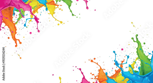 Vibrant abstract paint splashes and splatters creating a colorful explosion effect on a white background, perfect for festive and creative designs