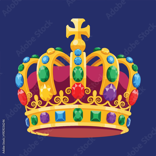 A regal crown with gems and a cross on a blue background