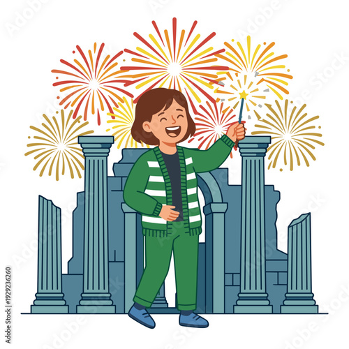 Happy woman laughing holding sparkler with fireworks celebration at night