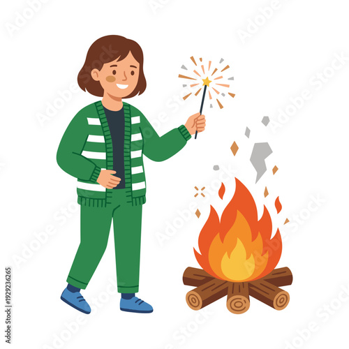 Happy woman holding sparkler near campfire celebration at night