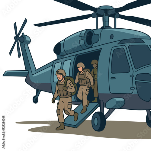 Military troops exiting transport helicopter during deployment operation