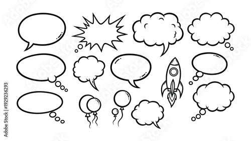 Speak your mind: A set of speech bubbles with various shapes and a rocket ship is perfect for expressing ideas. A blank template is a simple way to create your own messages.