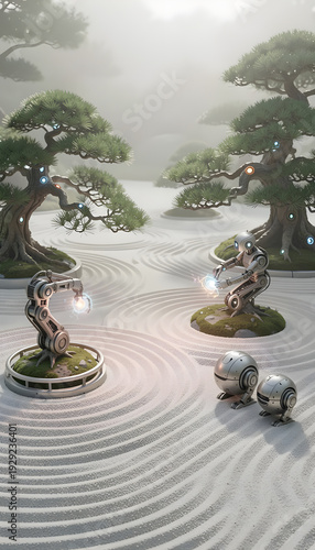 Futuristic robotic arms and small robots are positioned in a Japanese garden, featuring raked sand and stylized bonsai trees creating a serene environment. Stories template phone background