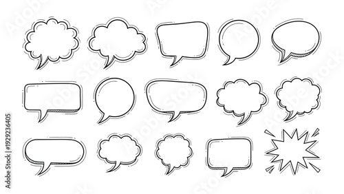 Variety of speech bubble in comic style: A captivating collection of hand-drawn speech bubbles, perfect for conveying messages, thoughts, and dialogues in a dynamic and visually appealing manner. 