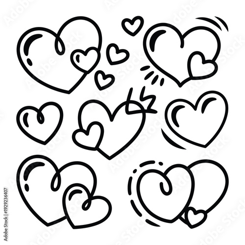Love's Embrace: An abstract sketch of various heart shapes, expressing affection and emotion through simple, clean lines.