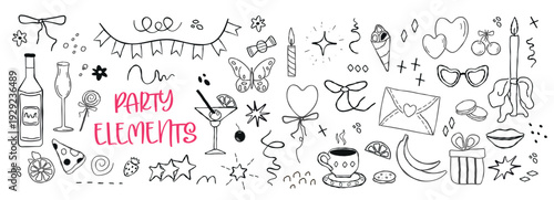 A set of hand drawn simbol  for a party with doodles. bow, dessert, gift, strawberries, balls: isolated elements. of icon sketches for invitation, flyer, poster. Vector art  illustration