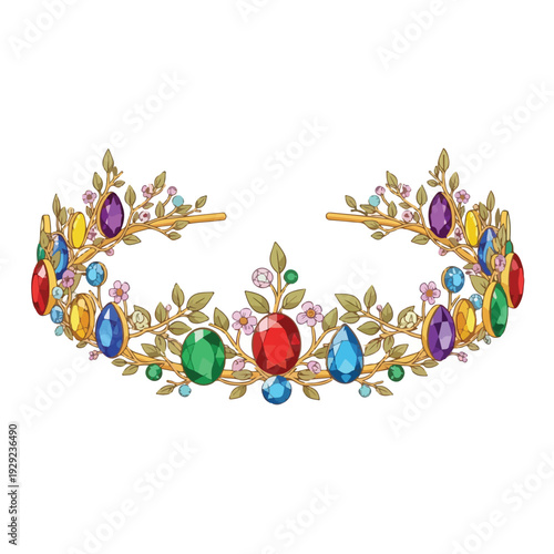 A regal diadem crown design featuring colored gems and floral elements