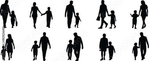 Family silhouettes with parents and children walking hand in hand isolated on white background, happy family people collection