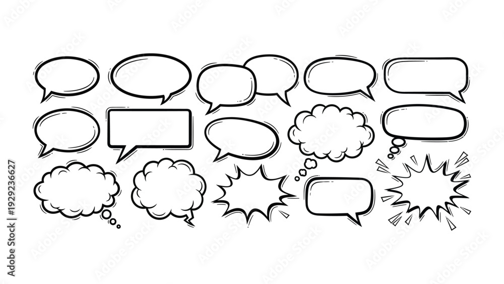 Fototapeta premium Conversation Bubbles: A collection of various hand-drawn speech bubbles in black and white. Perfect for expressing thoughts, dialogue, and ideas.