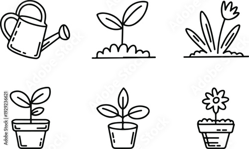 Set of 6 gardening and plant growth line icons vector