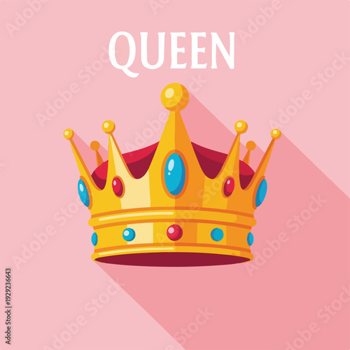 A regal gold crown with jewels,  the word "QUEEN" above, on pink background