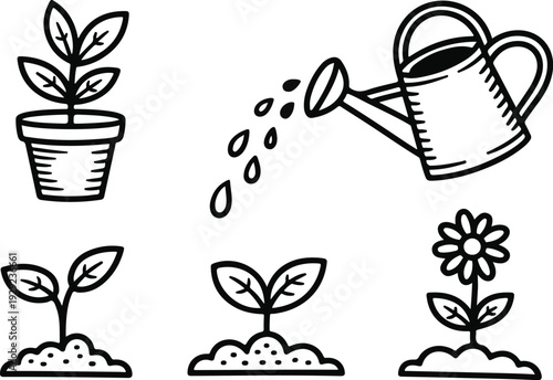 Set of 5 plant growth and gardening icons vector