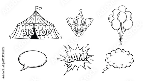 Circus Elements Illustration: A collection of captivating circus-themed illustrations, including a vibrant Big Top tent, a playful clown, a bunch of balloons, speech bubbles.