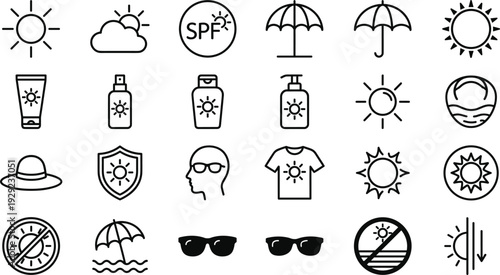 Sun Protection and Summer Beach Line Icon Set with SPF Sunscreen Umbrella Sunglasses and UV Symbols