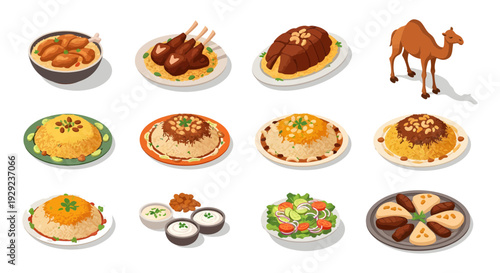 Arabic Cuisine Set of Traditional Middle Eastern Food Icons with Lamb Kabsa, Rice Biryani, Mandi, Meat Stew, Fresh Salad, and Camel Illustration Isolated on White Background
