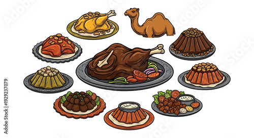Arabic Food Illustration Set with Roasted Lamb Leg, Whole Chicken, Middle Eastern Rice Dishes, Kebabs, and Camel Icon in Hand-Drawn Style Isolated on White