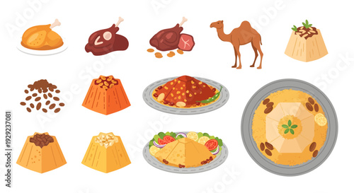 Middle Eastern Food Elements Set with Mandi Rice, Kabsa, Roasted Chicken, Lamb Meat, and Camel Illustration for Arabic Cuisine Menu Design