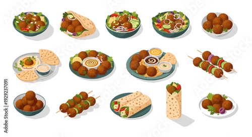 Falafel Set Vector Illustration with Middle Eastern Chickpea Balls, Hummus, Pita Wrap, and Fresh Salad for Mediterranean Food Menu Design