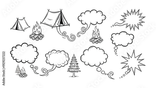 Camping Sketch Icons: Captivating sketched icons depict the essence of camping, complete with tents, crackling fire and speech bubbles, evoking a sense of outdoor adventure and storytelling.
