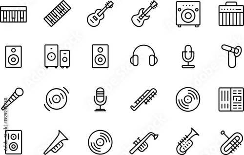 Black line of musical instruments and audio equipment musical instruments, audio equipment, line black and white, guitar, violin, speaker, headphones, microphone, records, keyboard, trumpet, saxophone