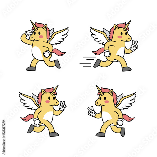 Cartoon unicorn dancing with different poses and gestures in a fun and playful style