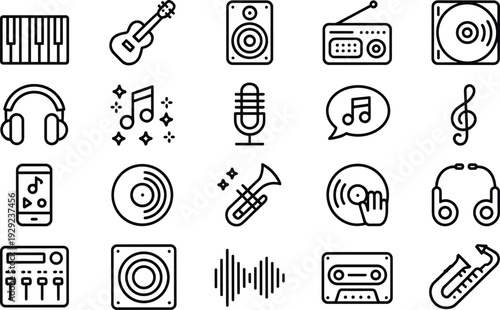 Black and white line of musical instruments and audio equipment music, musical instruments, audio equipment, line black and white, guitar, piano, headphones, microphone, speakers, records, cassette ta
