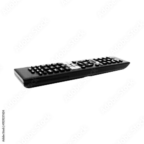 Halftone remote control illustration in perspective, isolated on white background. Dotted monochrome TV controller mockup for home entertainment, streaming and smart device concept.