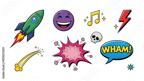 Comic Pop Art Explosion: A vibrant assortment of comic book elements bursts forth with energy. A rocket blasts off, a delighted emoji radiates joy, musical note, lightning bolt, shooting star, skull.