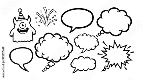 Cartoon Speech Bubbles with Funny Monster: A whimsical illustration featuring a collection of diverse speech bubbles alongside a humorous cartoon monster.