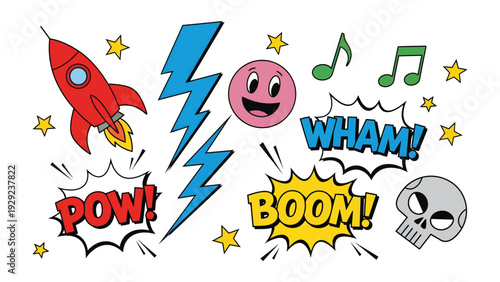 Comic Book Pop Art: Dynamic pop art elements burst with energy, featuring a rocket, lightning bolt, expressive face, music notes, and iconic comic book exclamations.