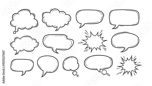 Comic Speech Bubbles: A collection of various comic speech bubbles, perfect for conveying thoughts, dialogue, and exclamations in visual storytelling.